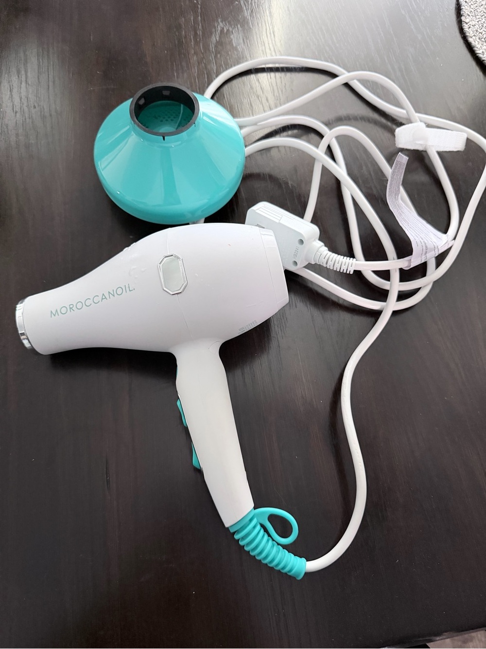 Moroccanoil White and Teal Compact Hair Dryer with Teal Nozzle